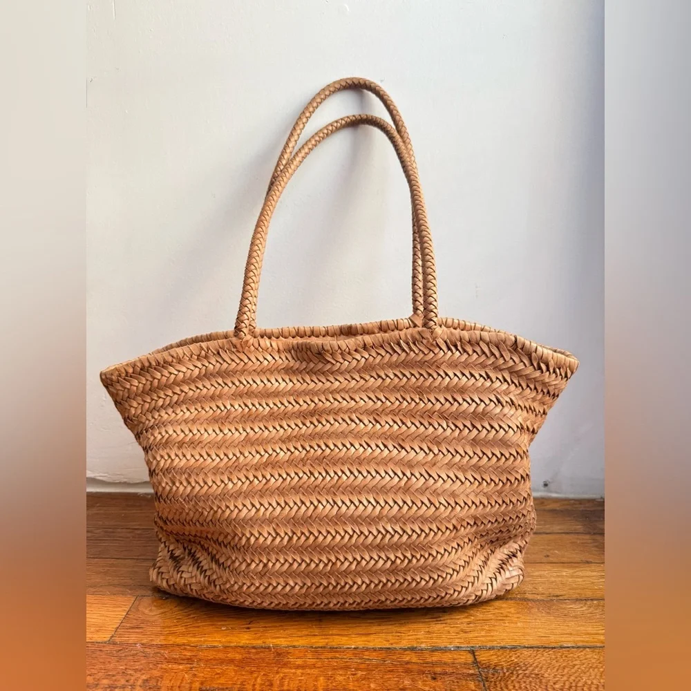 Woven Genuine Leather Tote Bag Tan Minimalist Structured Leather Bag - Picture 6 of 10